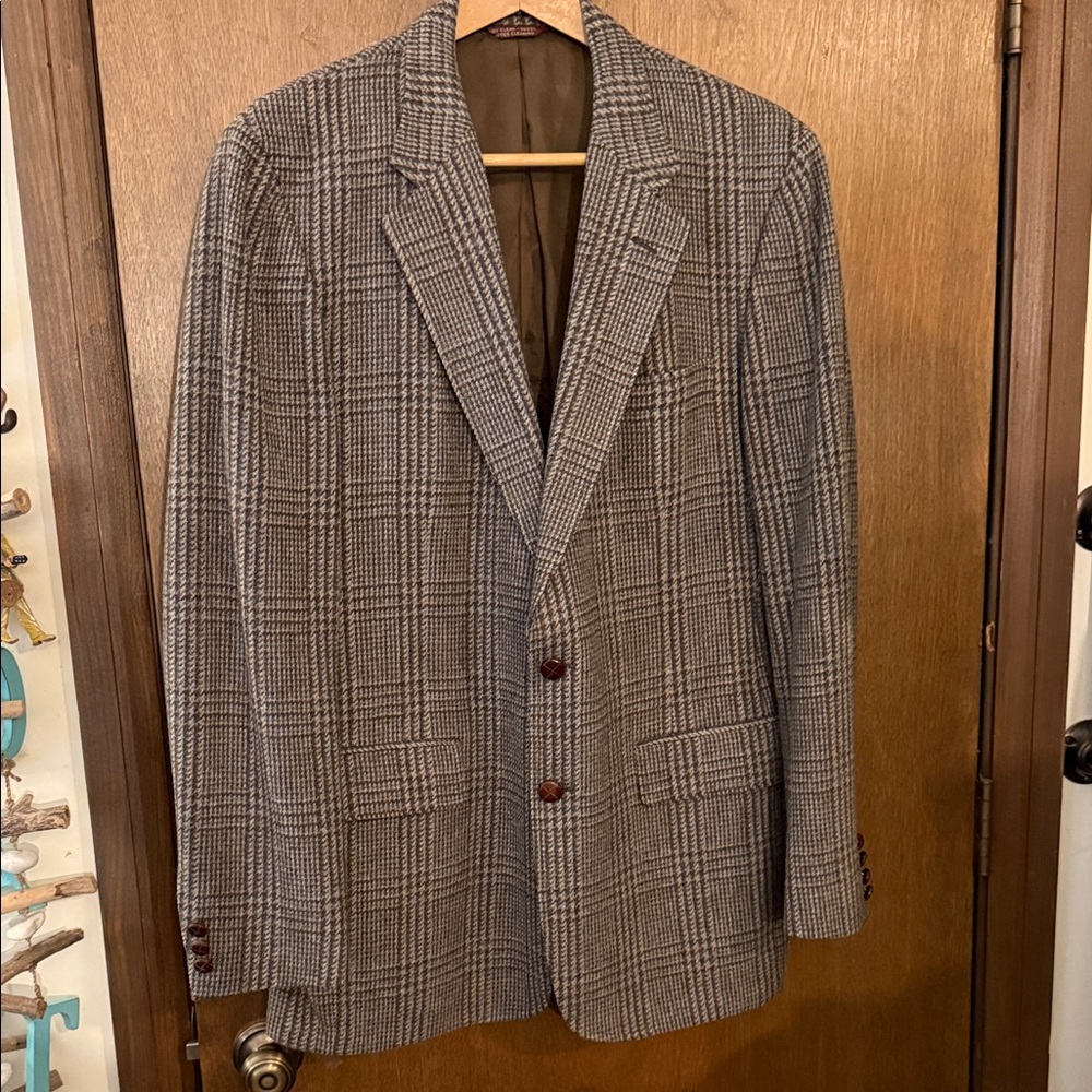 Cricketeer Men's Wool Gray/Olive/Tan Plaid Tweed Blazer Sport Jacket EUC